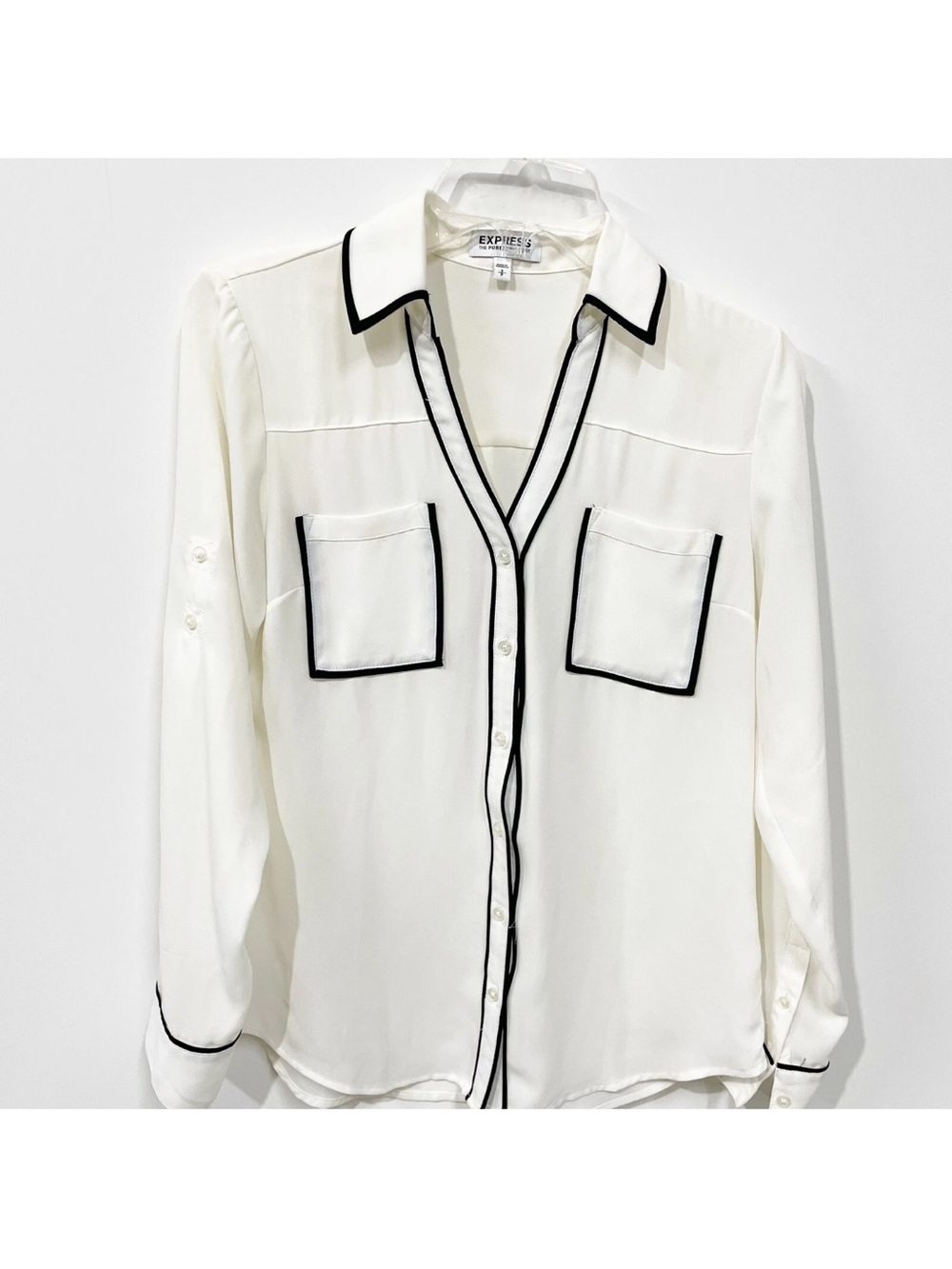 Express White Button-Down Shirt with Black Piping -size M